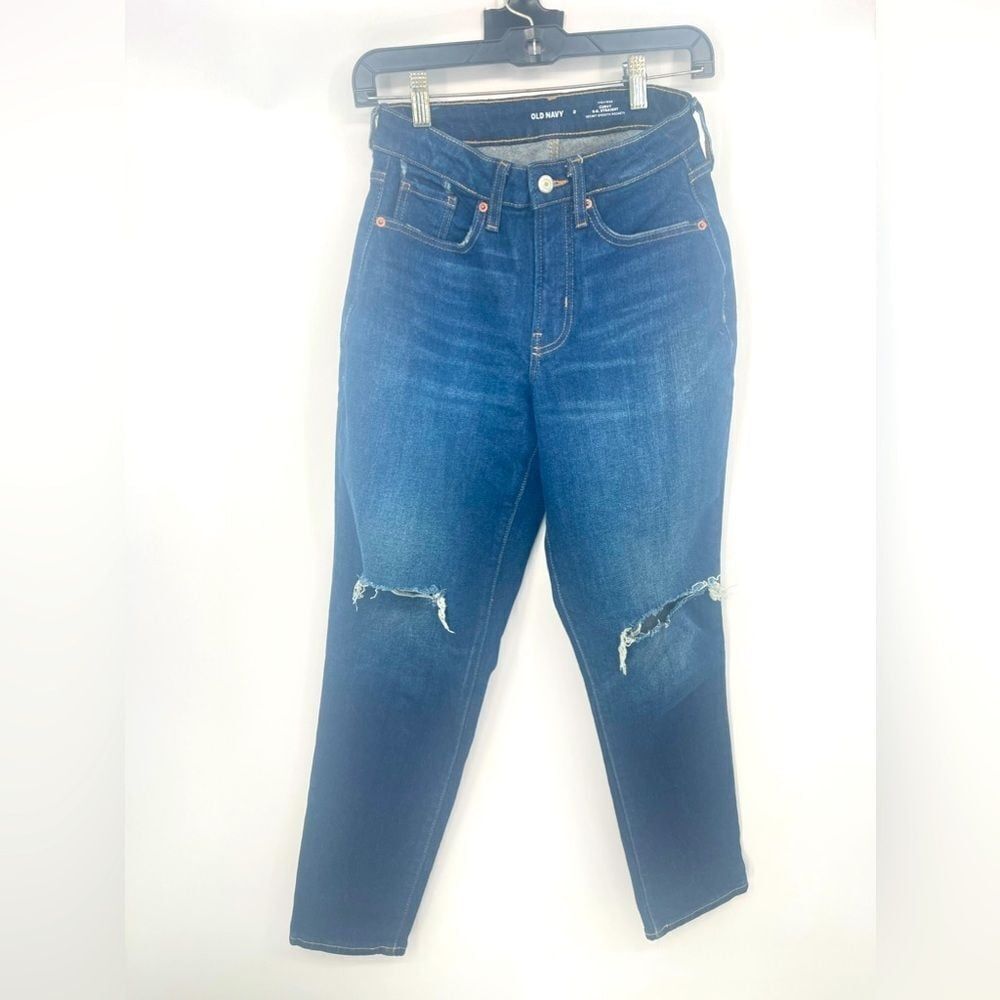 Old Navy Curvy O.G. Straight High Rise Distressed Knee Jeans Dark Wash size 0